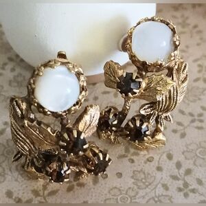 Vtg Moonstone & Topaz Pat. Pend. Clip Earrings